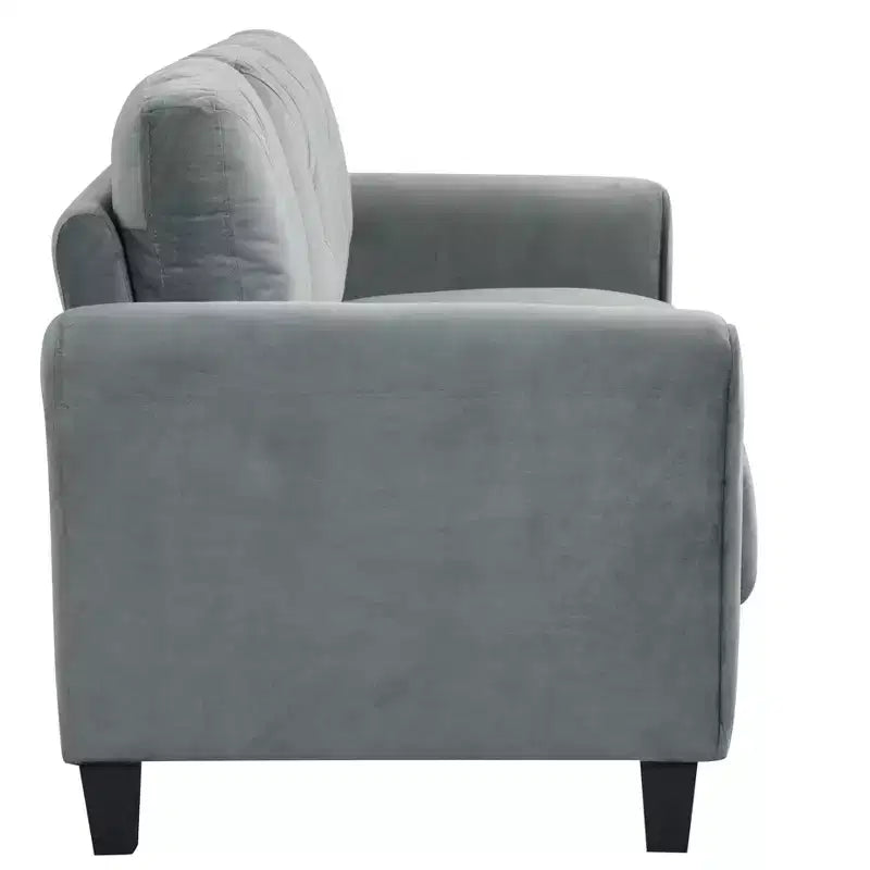 Canapé 2 places en velours gris avec coussins épais et cadre en bois pour petits espaces