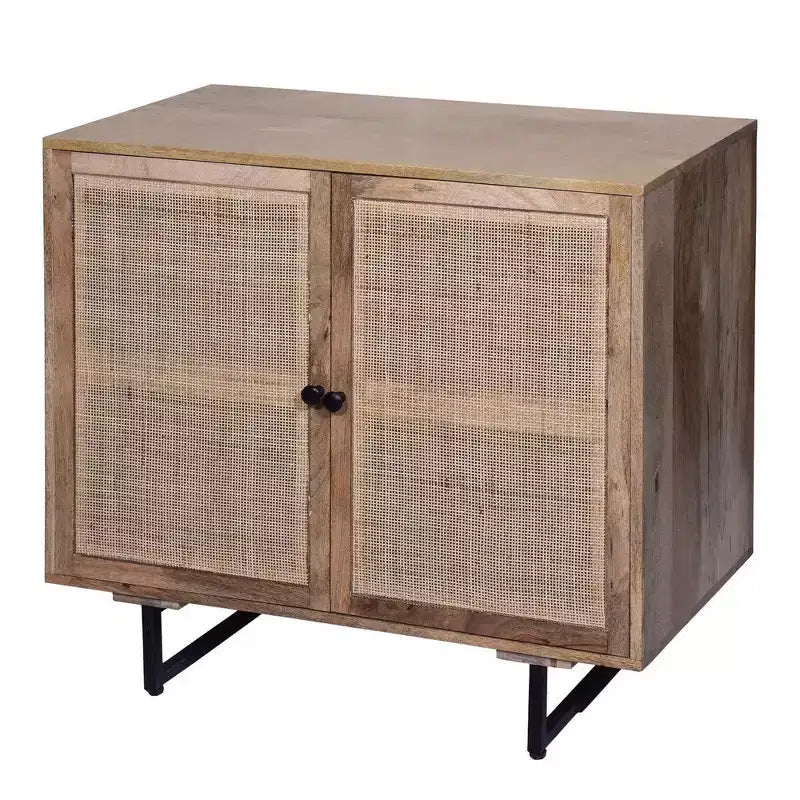 Meuble d'appoint bohème fait main avec portes en rotin maillé et cadre en bois de manguier, 89 cm