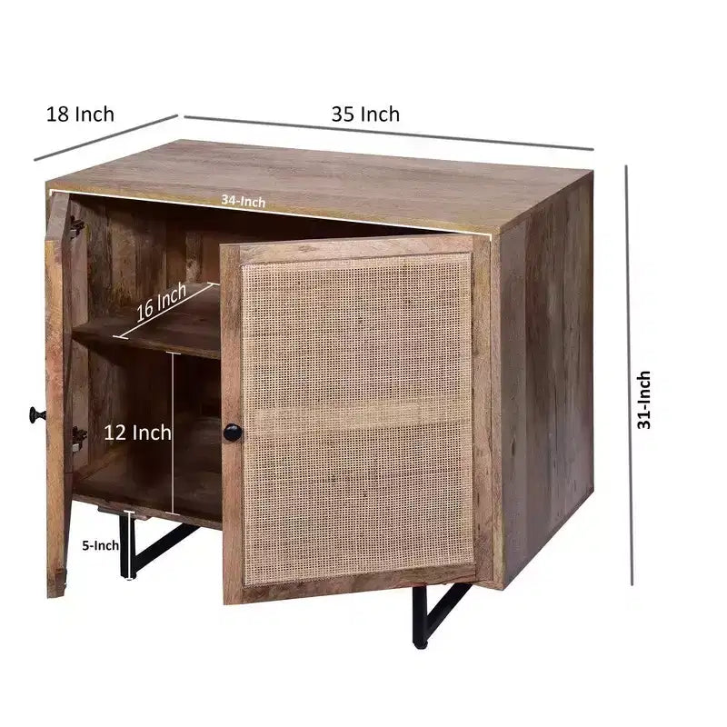 Meuble d'appoint bohème fait main avec portes en rotin maillé et cadre en bois de manguier, 89 cm