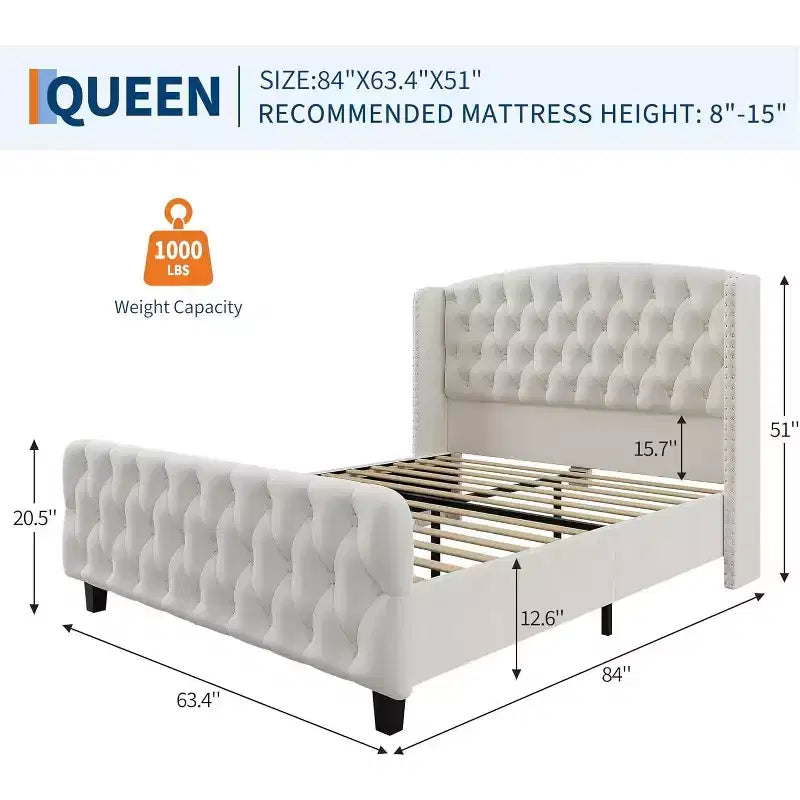 Cadre de lit 51 po grand format Queen/King avec tête et pied de lit à dossier d’aile touffeté et capitonné, cadre de lit plateforme en velours, assemblage facile