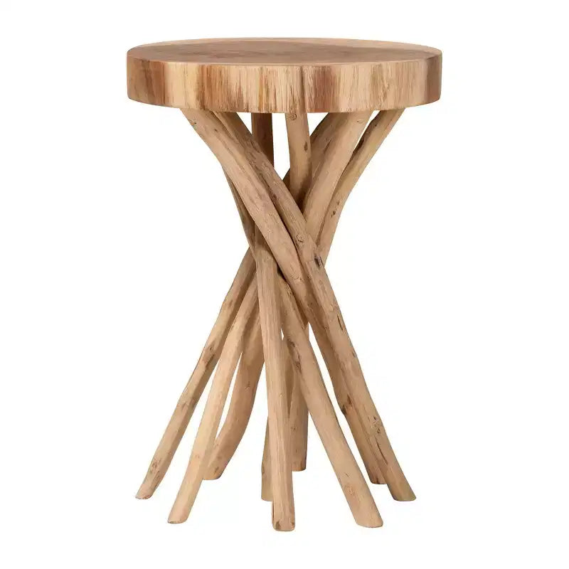 Table d'appoint bohème en teck naturel avec base sculptée en forme de branche, plateau rond