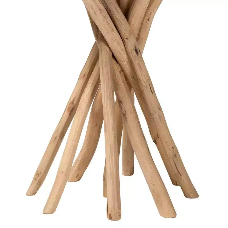 Table d'appoint bohème en teck naturel avec base sculptée en forme de branche, plateau rond