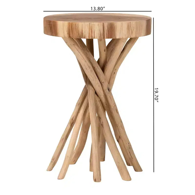 Table d'appoint bohème en teck naturel avec base sculptée en forme de branche, plateau rond