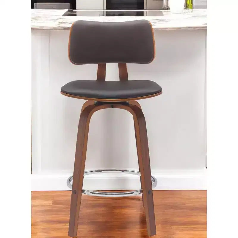 Chaise de bar pivotante en similicuir, dossier bas, hauteur comptoir, 66 cm, marron et bois, avec repose-pieds