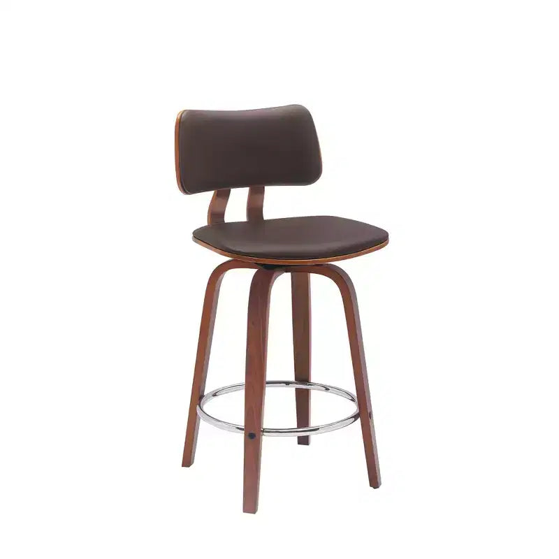Chaise de bar pivotante en similicuir, dossier bas, hauteur comptoir, 66 cm, marron et bois, avec repose-pieds