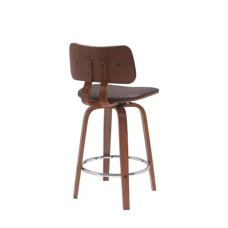 Chaise de bar pivotante en similicuir, dossier bas, hauteur comptoir, 66 cm, marron et bois, avec repose-pieds