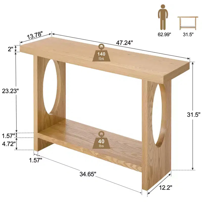 Console de ferme de 47 po avec plateau en placage de bois de 2 po d'épaisseur et étagère ouverte