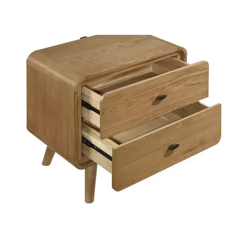 Table de chevet à 2 tiroirs de style moderne du milieu du siècle en frêne clair avec ports USB