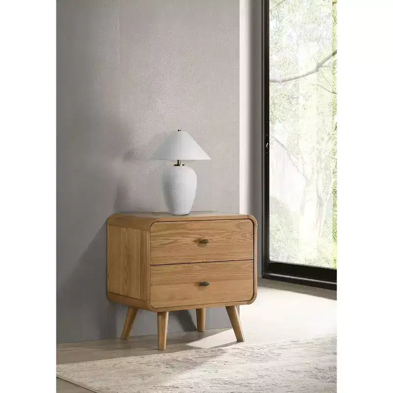 Table de chevet à 2 tiroirs de style moderne du milieu du siècle en frêne clair avec ports USB