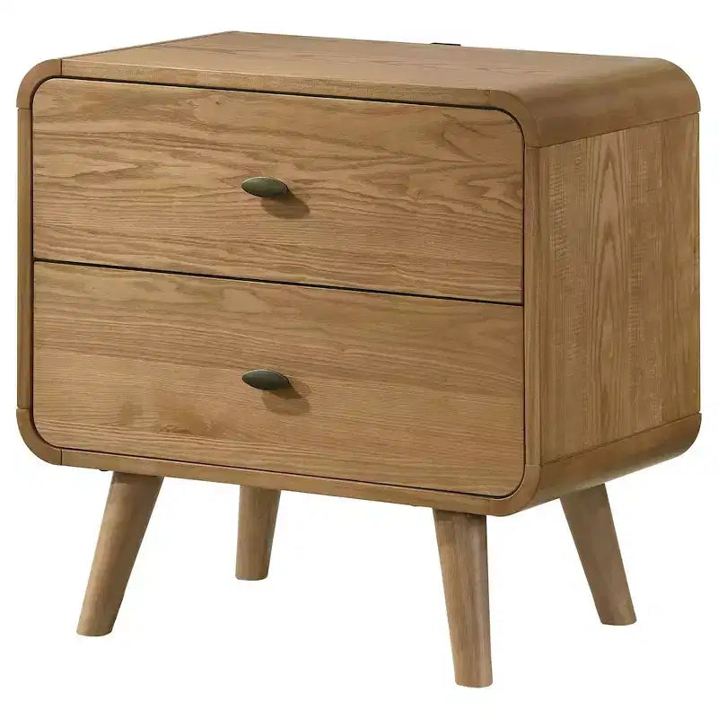 Table de chevet à 2 tiroirs de style moderne du milieu du siècle en frêne clair avec ports USB