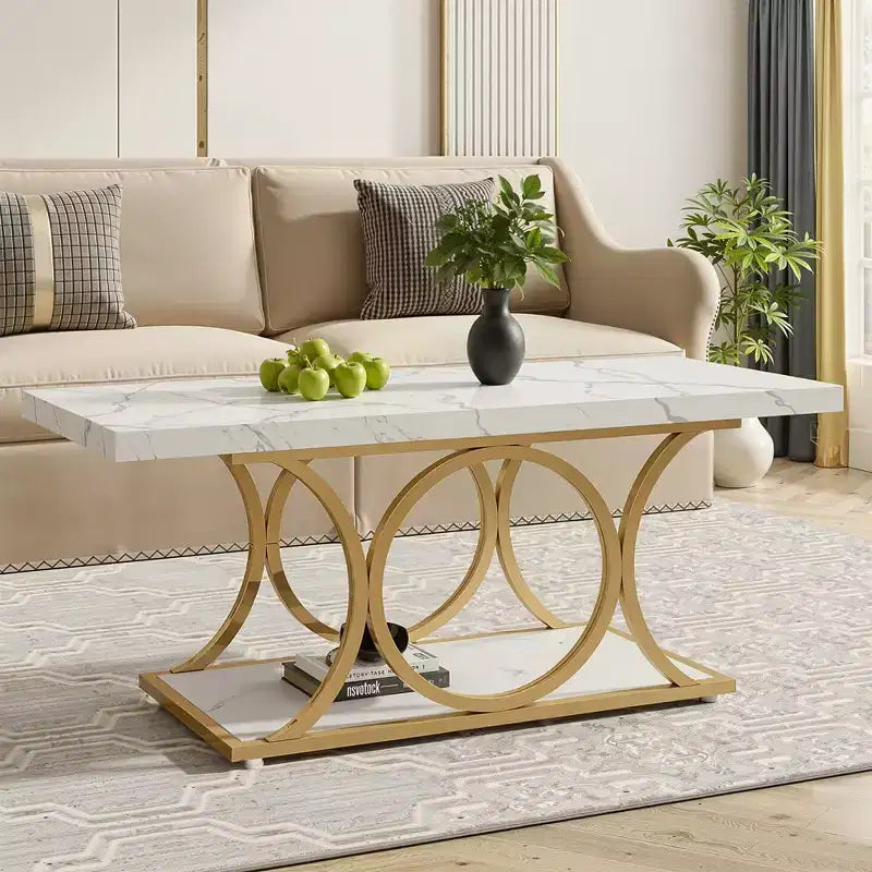 Table basse moderne à 2 niveaux avec plateau en faux marbre blanc et pieds en métal doré