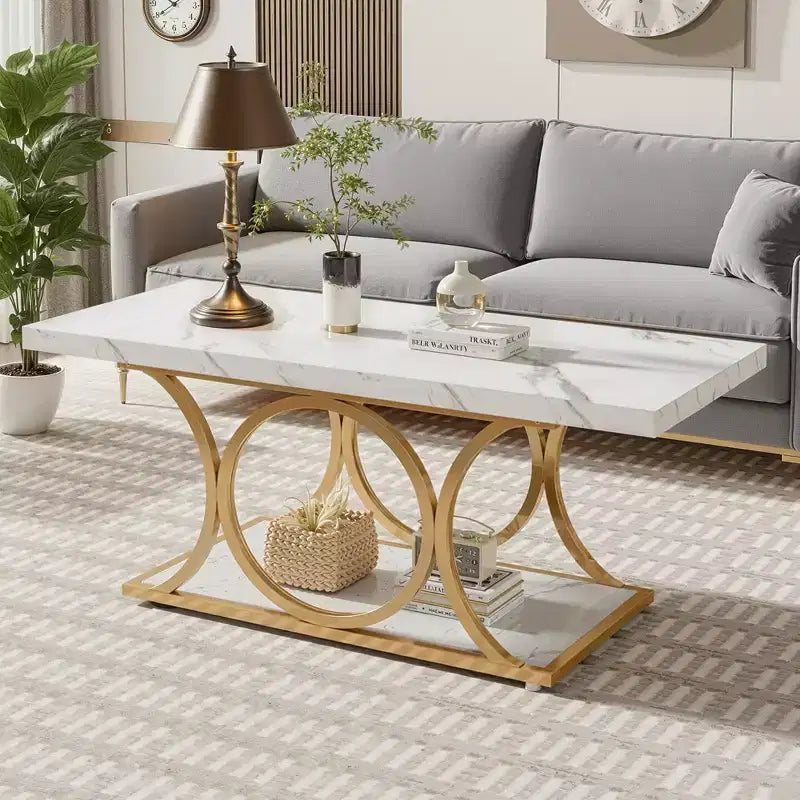 Table basse moderne à 2 niveaux avec plateau en faux marbre blanc et pieds en métal doré