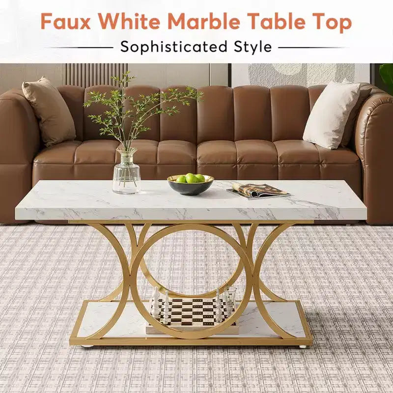 Table basse moderne à 2 niveaux avec plateau en faux marbre blanc et pieds en métal doré