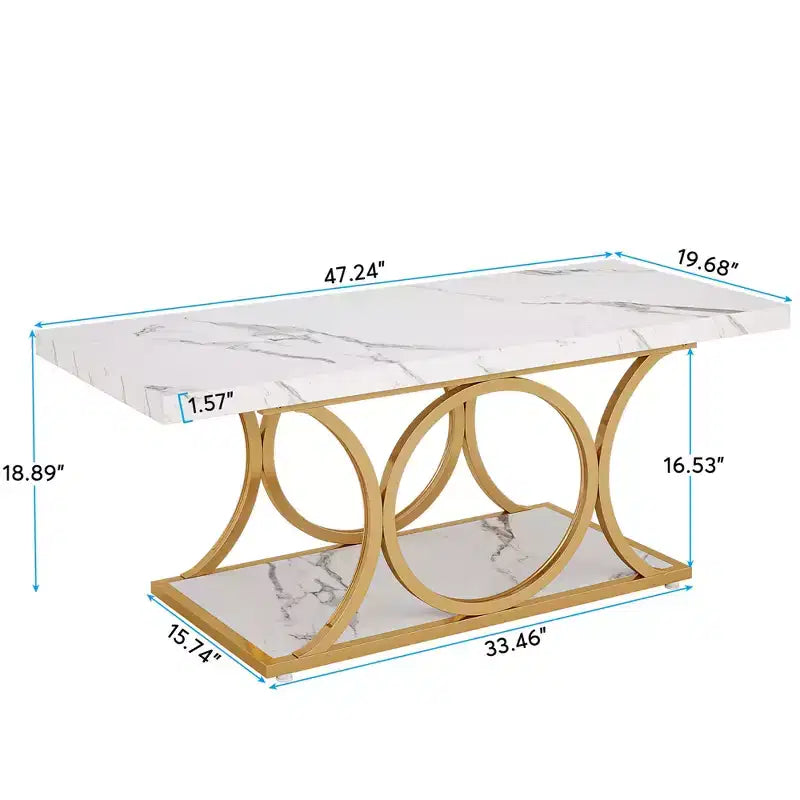 Table basse moderne à 2 niveaux avec plateau en faux marbre blanc et pieds en métal doré