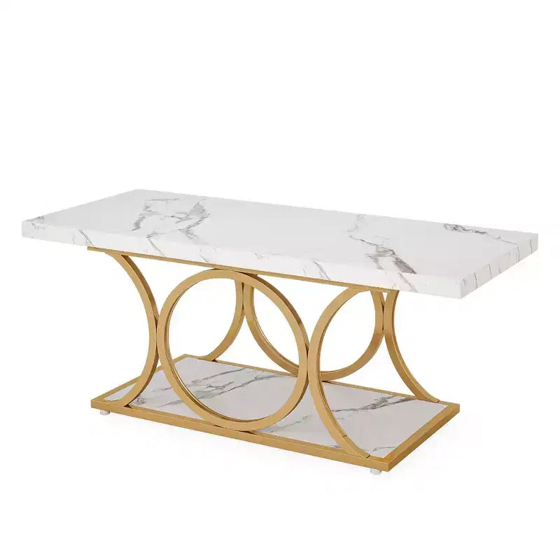 Table basse moderne à 2 niveaux avec plateau en faux marbre blanc et pieds en métal doré