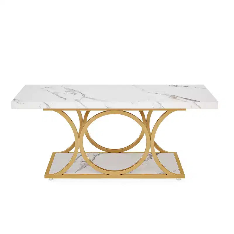 Table basse moderne à 2 niveaux avec plateau en faux marbre blanc et pieds en métal doré