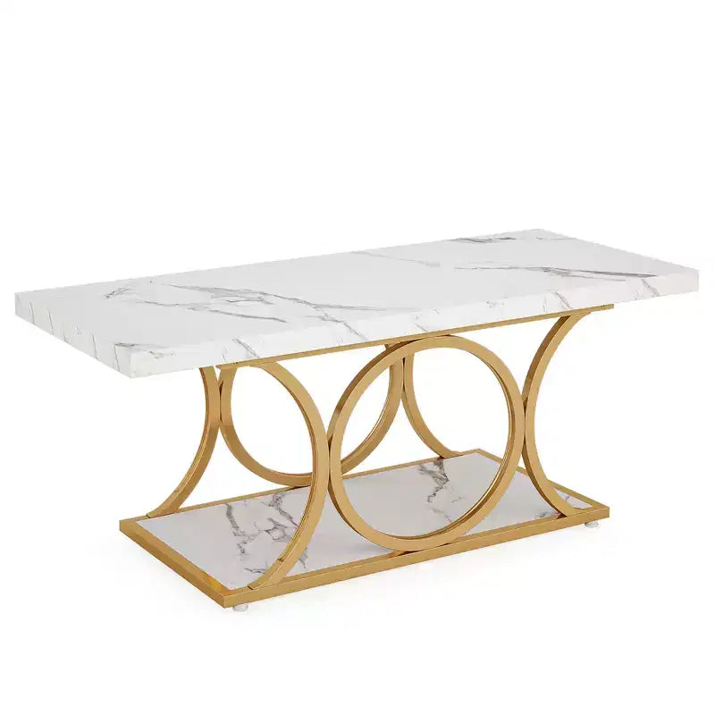 Table basse moderne à 2 niveaux avec plateau en faux marbre blanc et pieds en métal doré