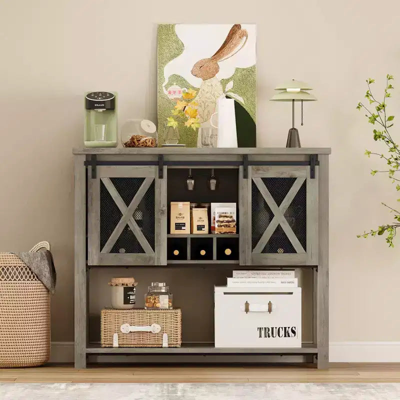 Meuble Bar à Vin avec Porte Coulissante Grange, Meuble à Café avec Porte-Bouteilles et Porte-Verres, Buffet de Cuisine avec Rangement, Bar à Liqueurs