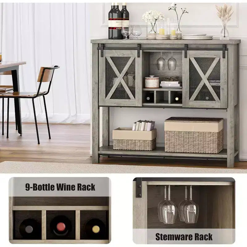 Meuble Bar à Vin avec Porte Coulissante Grange, Meuble à Café avec Porte-Bouteilles et Porte-Verres, Buffet de Cuisine avec Rangement, Bar à Liqueurs