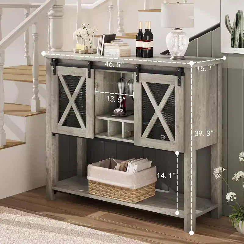 Meuble Bar à Vin avec Porte Coulissante Grange, Meuble à Café avec Porte-Bouteilles et Porte-Verres, Buffet de Cuisine avec Rangement, Bar à Liqueurs