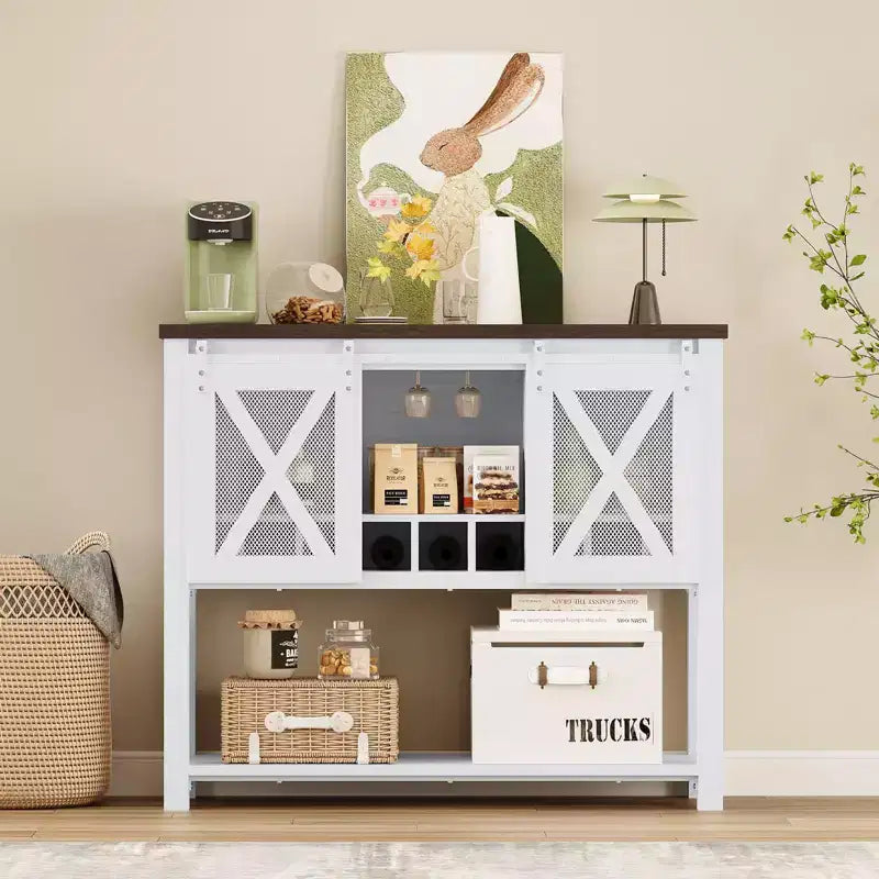 Meuble Bar à Vin avec Porte Coulissante Grange, Meuble à Café avec Porte-Bouteilles et Porte-Verres, Buffet de Cuisine avec Rangement, Bar à Liqueurs