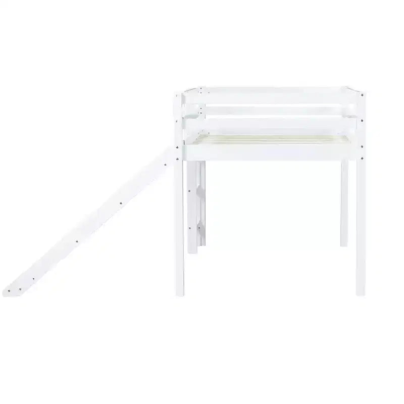 Lit mezzanine double bas avec toboggan, échelle et barrières de sécurité, bois massif, blanc