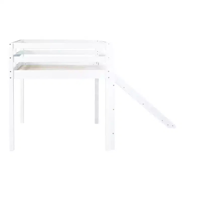 Lit mezzanine double bas avec toboggan, échelle et barrières de sécurité, bois massif, blanc