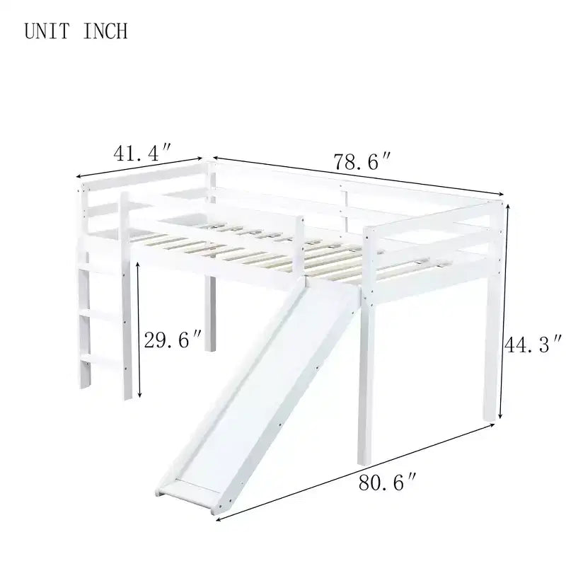 Lit mezzanine double bas avec toboggan, échelle et barrières de sécurité, bois massif, blanc