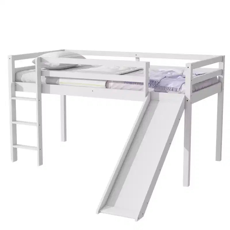 Lit mezzanine double bas avec toboggan, échelle et barrières de sécurité, bois massif, blanc
