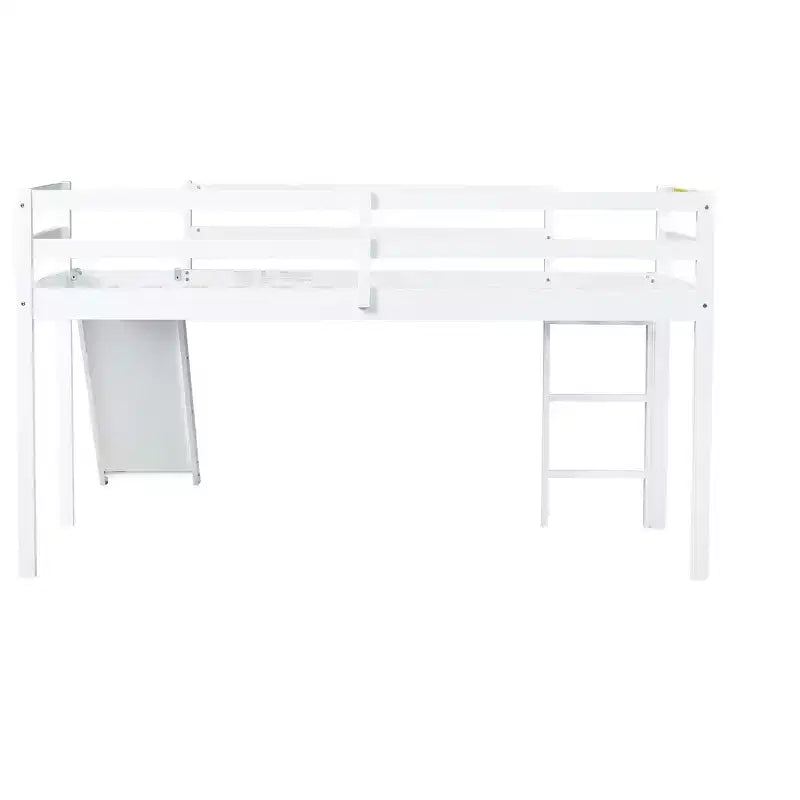 Lit mezzanine double bas avec toboggan, échelle et barrières de sécurité, bois massif, blanc