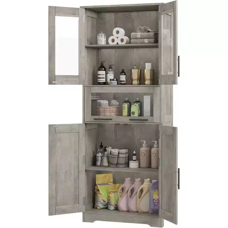 Meuble de salle de bain haut sur pied avec portes et étagères réglables, Gris, 60x30x170cm