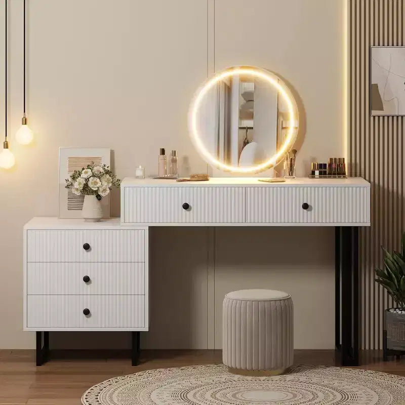 Coiffeuse avec miroir et lumières, Coiffeuse de maquillage avec 5 tiroirs, Organisateur de coiffeuse moderne avec 3 lumières de couleur