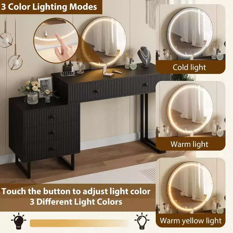 Coiffeuse avec miroir et lumières, Coiffeuse de maquillage avec 5 tiroirs, Organisateur de coiffeuse moderne avec 3 lumières de couleur