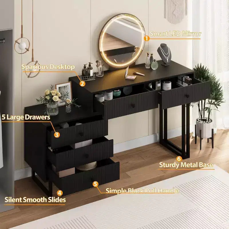 Coiffeuse avec miroir et lumières, Coiffeuse de maquillage avec 5 tiroirs, Organisateur de coiffeuse moderne avec 3 lumières de couleur
