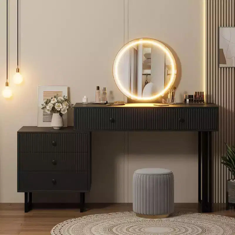 Coiffeuse avec miroir et lumières, Coiffeuse de maquillage avec 5 tiroirs, Organisateur de coiffeuse moderne avec 3 lumières de couleur