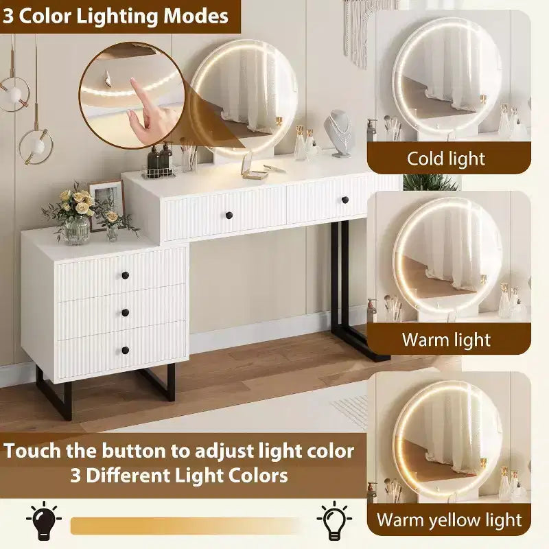 Coiffeuse avec miroir et lumières, Coiffeuse de maquillage avec 5 tiroirs, Organisateur de coiffeuse moderne avec 3 lumières de couleur