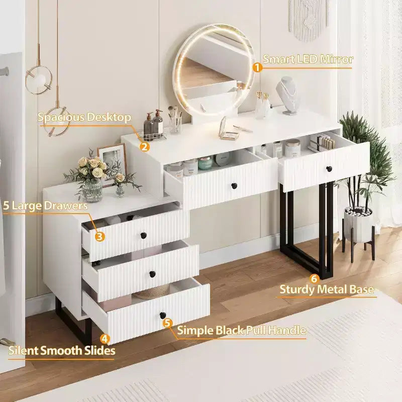 Coiffeuse avec miroir et lumières, Coiffeuse de maquillage avec 5 tiroirs, Organisateur de coiffeuse moderne avec 3 lumières de couleur