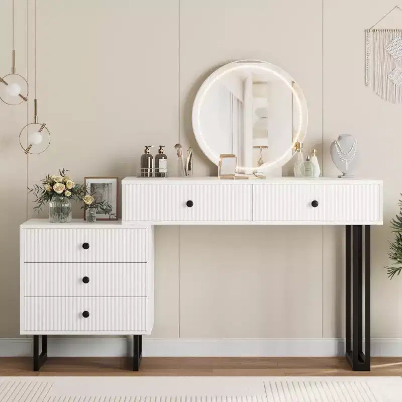 Coiffeuse avec miroir et lumières, Coiffeuse de maquillage avec 5 tiroirs, Organisateur de coiffeuse moderne avec 3 lumières de couleur