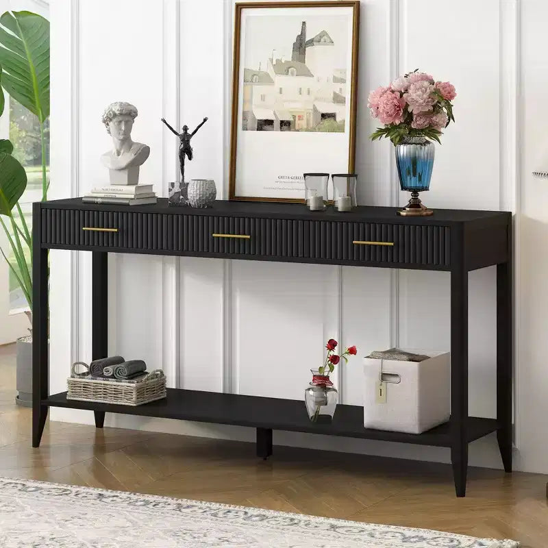 Console de 60 po peinte avec 3 tiroirs Table d'entrée en bois avec étagère de rangement Table de canapé de style rustique pour salon, beige