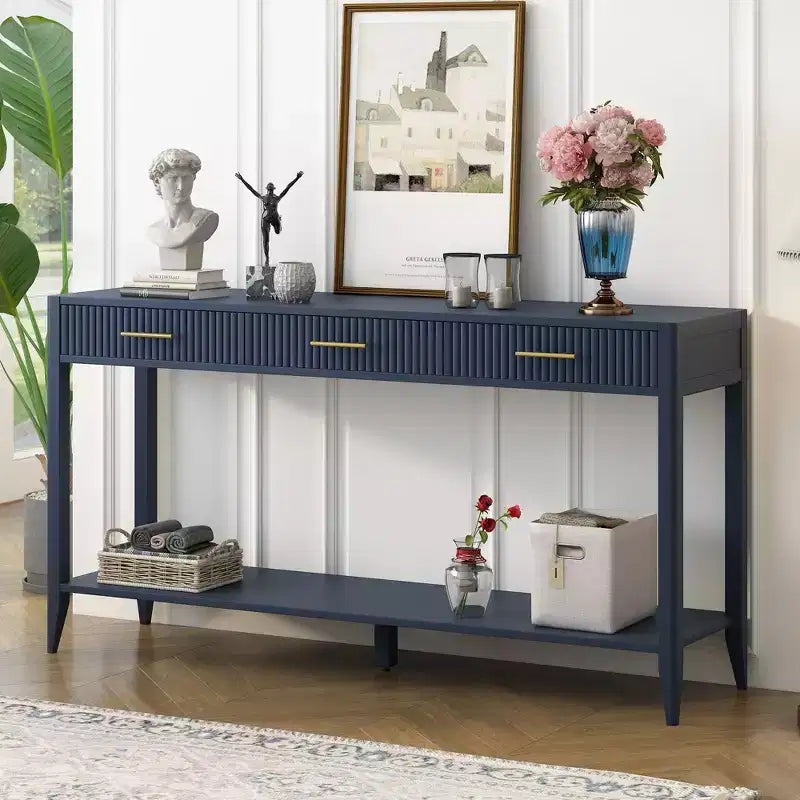 Console de 60 po peinte avec 3 tiroirs Table d'entrée en bois avec étagère de rangement Table de canapé de style rustique pour salon, beige
