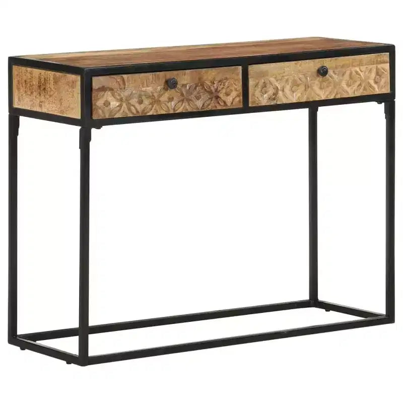 Console en bois de manguier massif avec tiroirs sculptés et cadre en acier, 100 cm