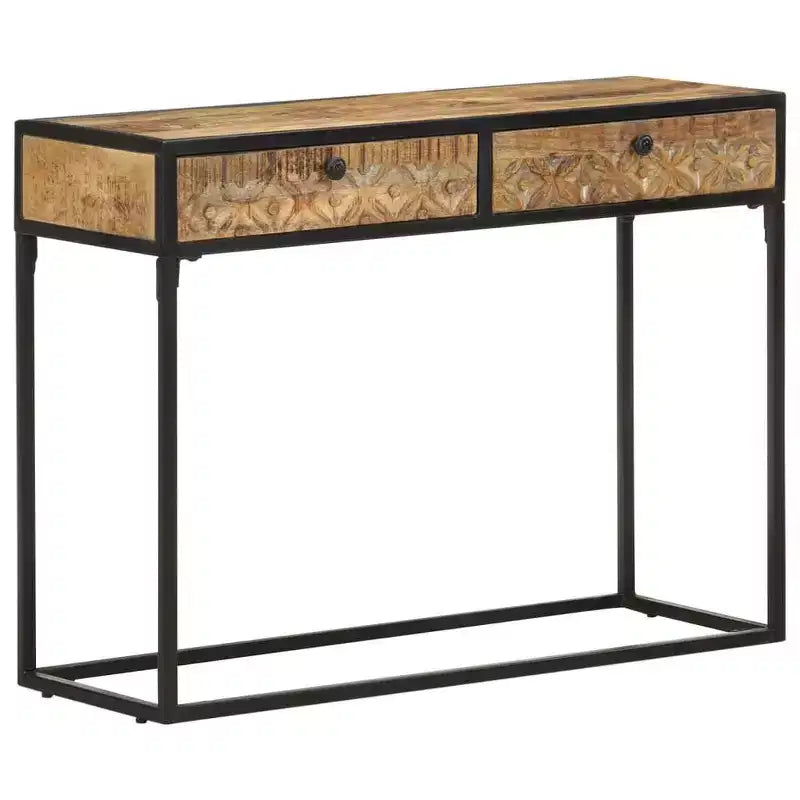 Console en bois de manguier massif avec tiroirs sculptés et cadre en acier, 100 cm