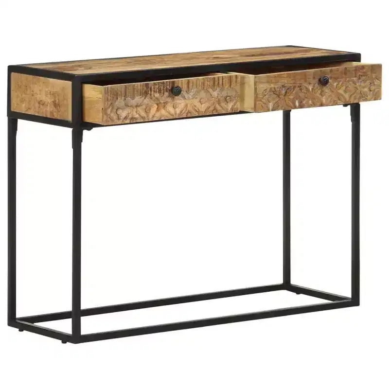 Console en bois de manguier massif avec tiroirs sculptés et cadre en acier, 100 cm