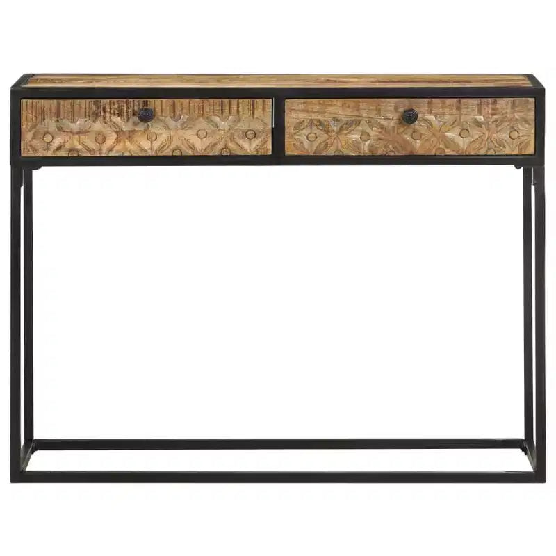 Console en bois de manguier massif avec tiroirs sculptés et cadre en acier, 100 cm