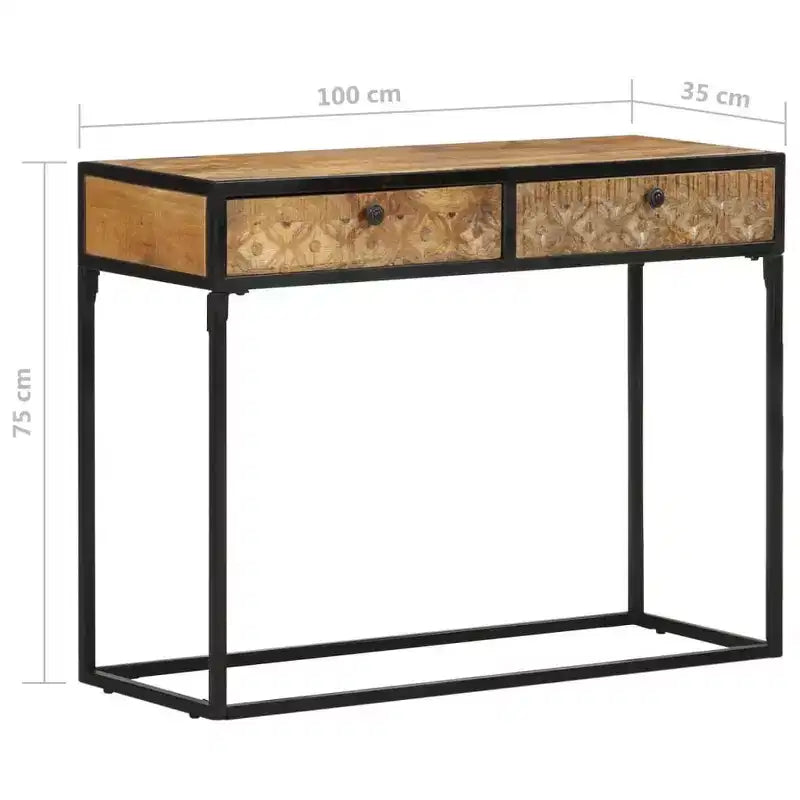 Console en bois de manguier massif avec tiroirs sculptés et cadre en acier, 100 cm