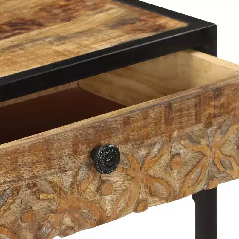 Console en bois de manguier massif avec tiroirs sculptés et cadre en acier, 100 cm