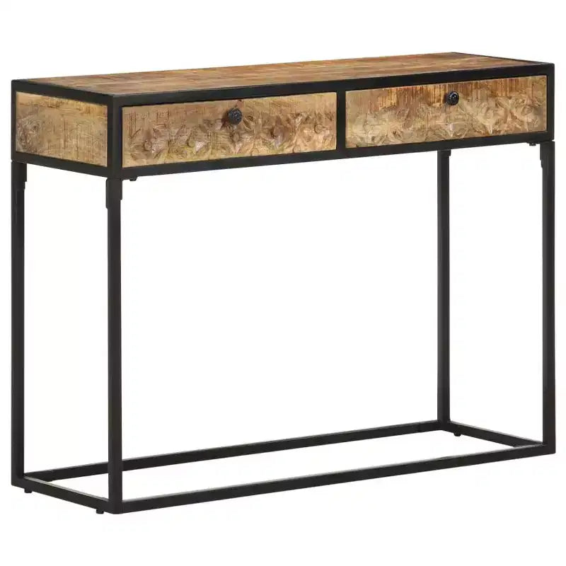 Console en bois de manguier massif avec tiroirs sculptés et cadre en acier, 100 cm