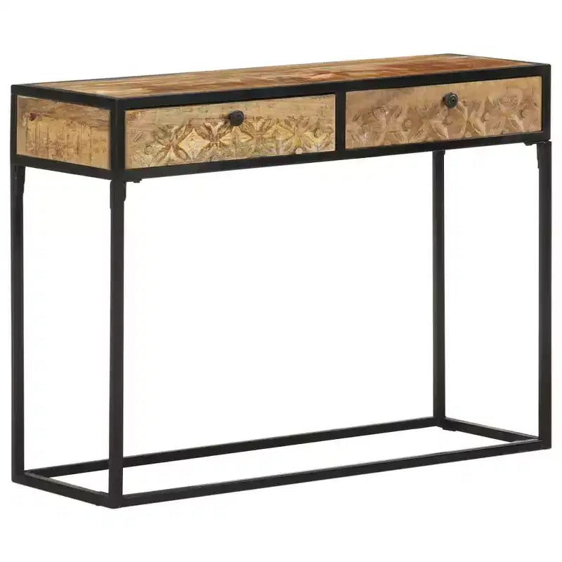 Console en bois de manguier massif avec tiroirs sculptés et cadre en acier, 100 cm