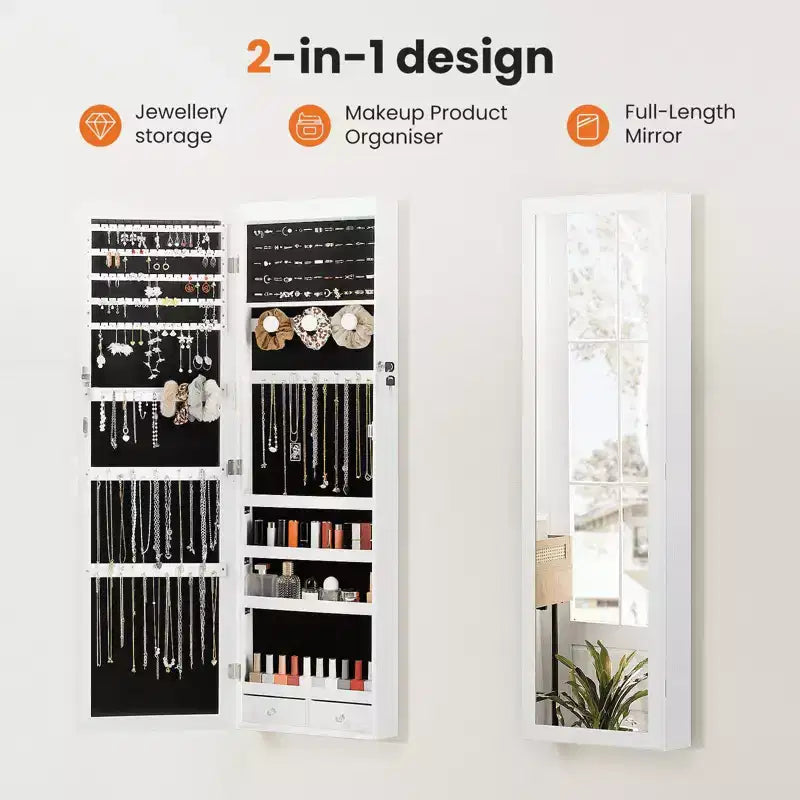 Armoire à bijoux murale avec miroir pleine longueur, 6 lumières LED et serrure, 120 cm