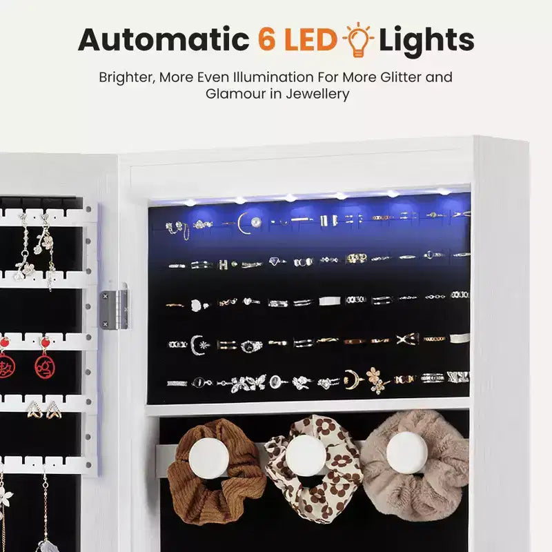 Armoire à bijoux murale avec miroir pleine longueur, 6 lumières LED et serrure, 120 cm